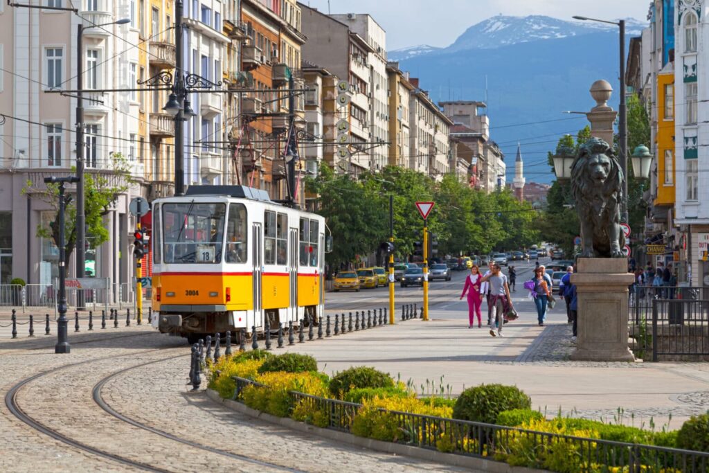 Sofia, Bulgaria - May 18 2019: The Sofia tram network is a main public transportation facility in the Bulgarian capital city.