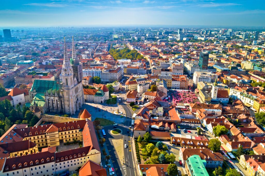 Zagreb cathedral and historic city center aerial view, famous landmarks of capital of Croatia