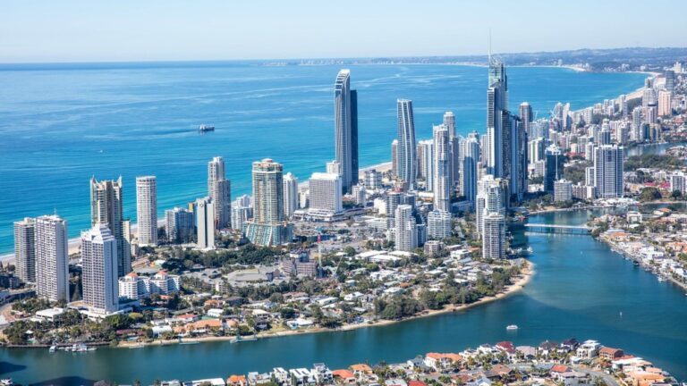 Aerial view of the Gold Coast with beaches and city skyline in Queensland, Australia