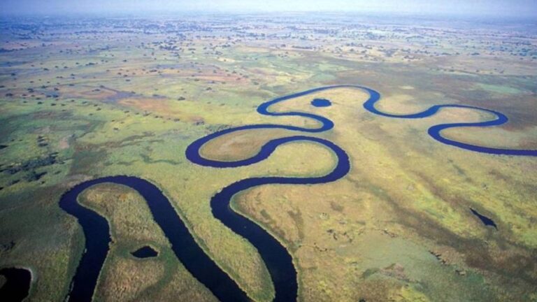 Aerial view of the Okavango Delta in Botswana during GoGo Tours’ Southern Africa: 3 Countries – South Africa, Botswana & Namibia (14-Day Tour).
