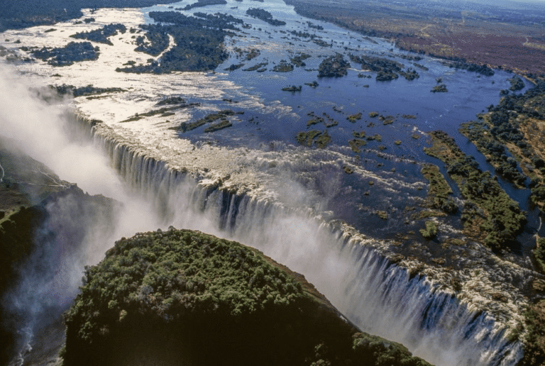 Aerial image of Victoria Falls between Zambia and Zimbabwe during GoGo Tours’ East Africa 15-day tour.