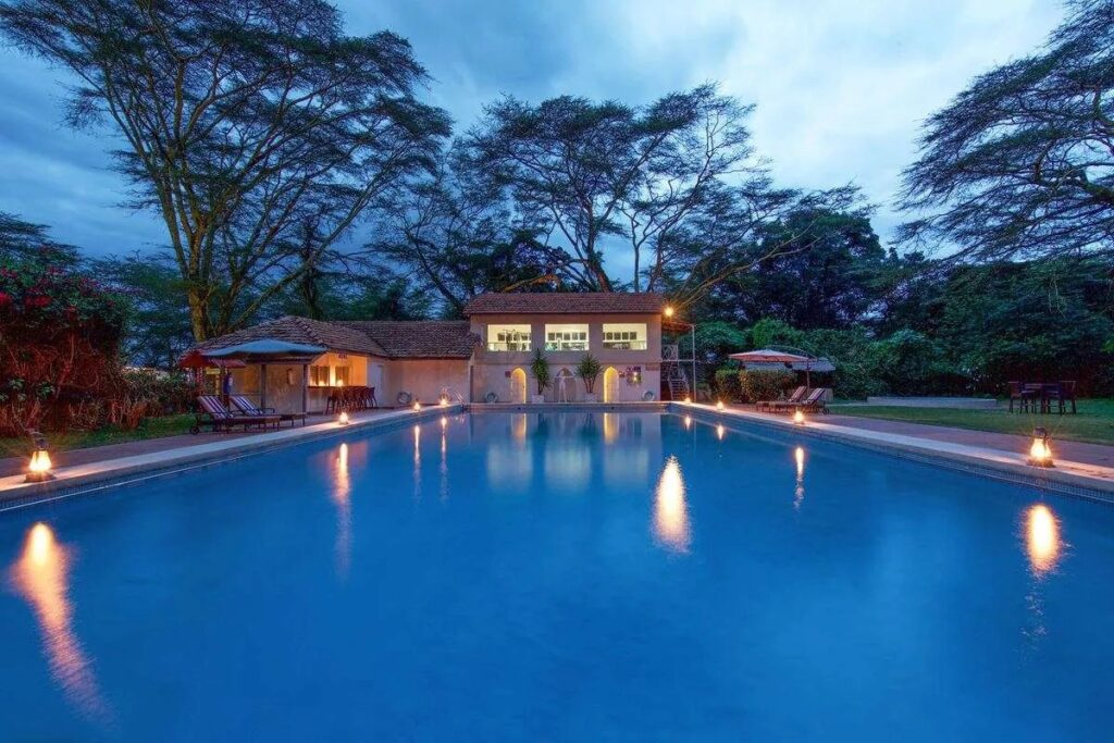 Evening view of the pool at Lake Naivasha Country Club in Kenya.