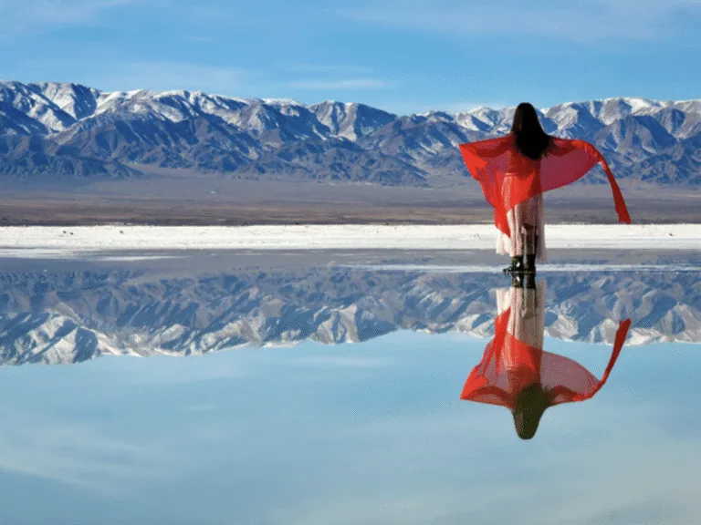 Chaka Salt Lake reflecting sky and clouds in Qinghai Province, China