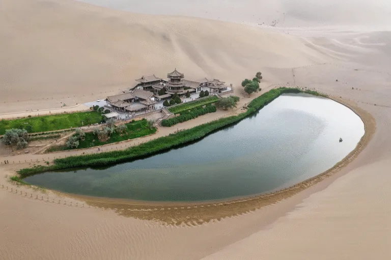 Crescent Lake oasis and pagoda in Dunhuang, Gansu, China