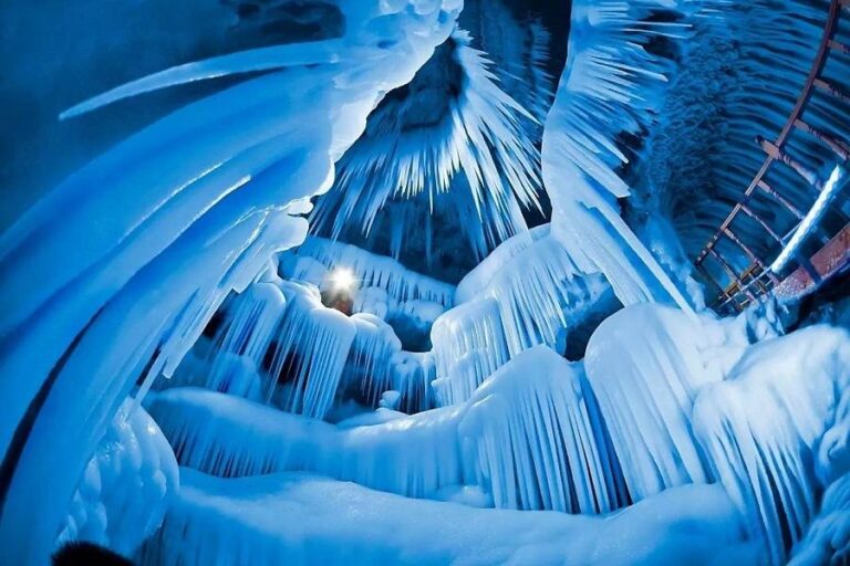 Interior ice formations inside Wannian Ice Cave in Shanxi, China