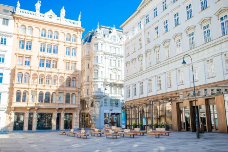Historic buildings and benches in a Vienna square