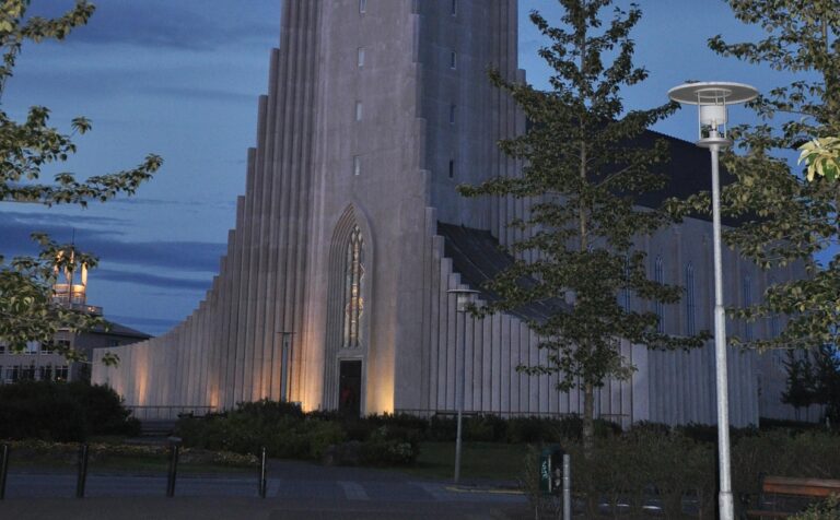 Hallgrimskirkja church at dusk in Reykjavik