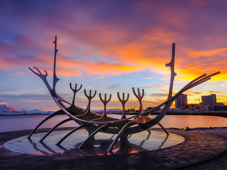 Sun Voyager sculpture at sunset in Reykjavik