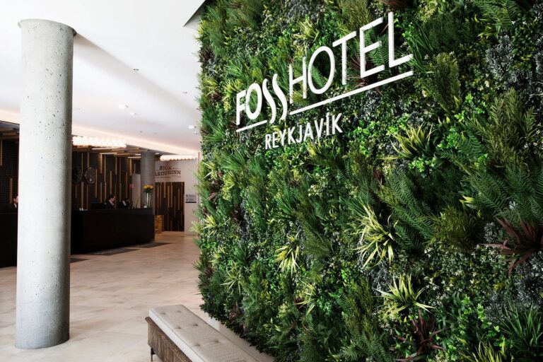 Foss Hotel Reykjavik lobby with vertical garden