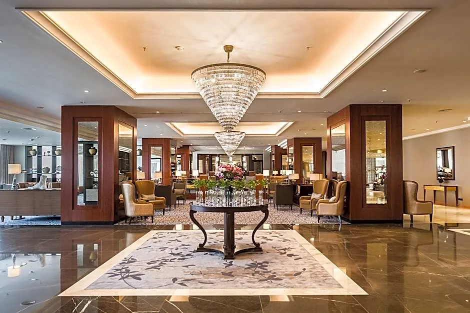 Grand Hotel Prague Tower lobby interior luxury accommodation Czech Republic GoGo ToursStep into the elegant lobby of the Grand Hotel Prague Tower, offering comfort and refined design during GoGo Tours’ 12-day Eastern Europe sightseeing journey.