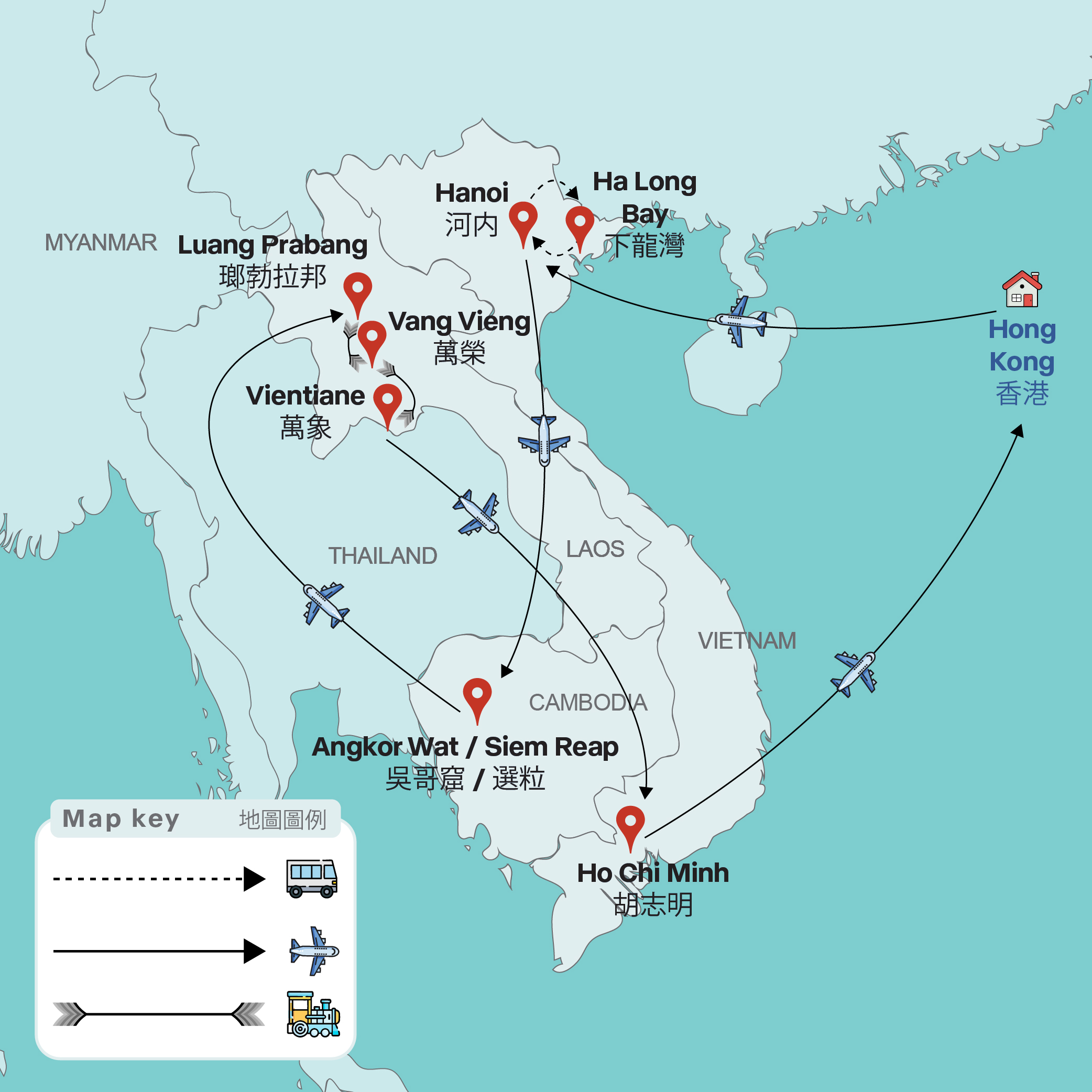 Vietnam Cambodia Laos itinerary map showing the 14-day highlights tour route across major destinations in Vietnam, Cambodia, and Laos. 越南、柬埔寨與寮國(老撾)旅遊行程地圖,標示 14 天印度支那精華遊的主要城市與路線。